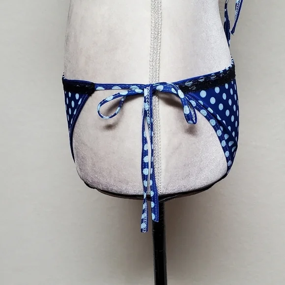 90s Vintage OOAK Handmade Blue Polka-dot Black Lace Side-Tie Triangle Bikini S - Picture 10 of 16